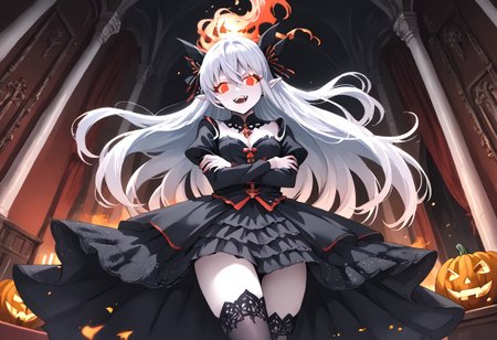 (masterpiece), (score_9, score_8_up, score_7_up,source_anime), 4K8K, 
(from below), misty, steam, fog, Floating Halloween pumpkins, 
halloween, halloween fantasy, 
Japanese cute woman, Sitting on a throne, (solo), (Glossy skin, pale skin:1.3),  makeup vampire, (crossed arms, pigeon-toed), burning pumpkin, (dark aura:1.4), (smirk, half-opened mouth, Canine, tooth, fang1.2), 
(medium figure:0.9), (pointy breasts:1.1), 
(white hair, verry long hair), (red glowing eyes, slanted eyes:1.2), 
(wearing vampire cos, dress, makeup, red and black dress, Miniature Hats, zettai ryouiki, thighhighs:1.2), 
(emperor's audience room, dark room:1.3), elf ears,