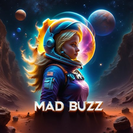 (vibrant canvas illuminated by a cascade of colorful binary code) forming the (silhouette) of a  astronaut on planet mars, intricate details, masterpiece, best quality, very aesthetic
1 girl, 4str0n4ut G1rl, mad-nbla, 
smile, blonde, space, 
text logo,
Text: "I need BUZZ!"