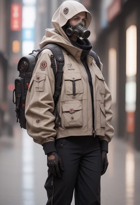 score_9, score_8_up, score_7_up, score_6_up, score_5_up, score_4_up, source_real, cowboy shot, full body, heavy fog, techwear, solo, (scifi gas mask),gloves, long_sleeves, standing, jacket, pants, hood, bag, no_humans, blurry_background, backpack, helmet, robot, mecha, 1other, zipper, science_fiction, realistic, humanoid_robot, Vivid Colors, high Contrast,