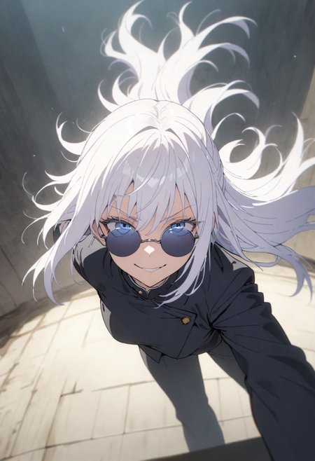 score_9, score_8_up, score_7_up, score_6_up, masterpiece, best quality, absurdres, cinematic, dynamic angle, perfect composition, solo, 1girl, medium breast, gojou satoru, blue eyes, white hair, long hair, round sunglasses on head, jacket, black jacket, gakuran, school uniform, high collar, smirk, standing, looking at viewer,