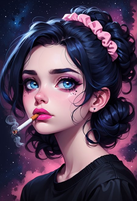 abstractzyrnox, abstract, abstract art, female, 25 yo, gaze on side, hair scrunchie, cigarette on mouth, goth eye make up, glossy lips, pink lipstick, sad face, simple dark background. Galaxy blue eyes