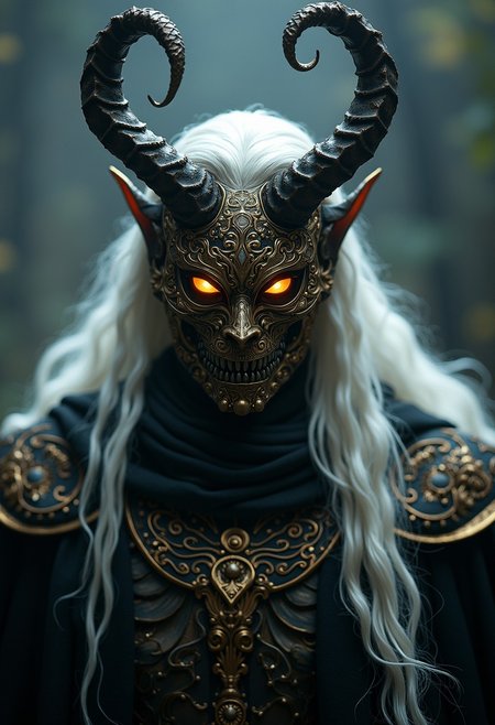 A menacing figure with a demonic mask adorned with intricate golden details and two large, twisted horns. The character has long, flowing white hair and wears dark, ornate robes decorated with gold embellishments. The eyes behind the mask glow with an eerie light, adding to the ominous presence. The background is shrouded in mist and darkness, enhancing the mysterious and foreboding atmosphere.
BREAK
((UHD:1.5)), ((high details:1.5)), ((best quality:1.6)), ((super detail:1.5)), ((award winning:1.4)), ((masterpiece:1.6)), ((ethereal glow:1.3)), ((retina:1.4))
BREAK
Art by Greg Rutkowski, Pascal Blanche, Martina Grimm, John William Waterhouse
BREAK
Close-up shot, eye-level shot, dramatic lighting, chiaroscuro, dark fantasy realism, photo, cinematic