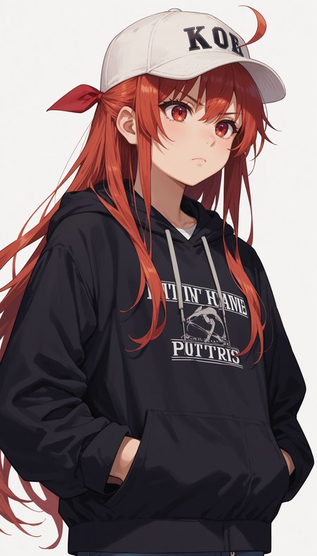 score_9, score_8_up, score_7_up, source_anime, ,
 <lora:Itsuka Kotori :0.8> kotori itsuka, long hair, red eyes, very long hair, red hair, ahoge, ribbon, hair ribbon,
baseball cap, hat, white headwear, long hair, standing, hood down, casual, black hoodie, closed mouth, long sleeves, cowboy shot, drawstring, nail polish, hands in pockets, white background,, simple background, green nails, clothes writing, grey background, black jacket, light frown
