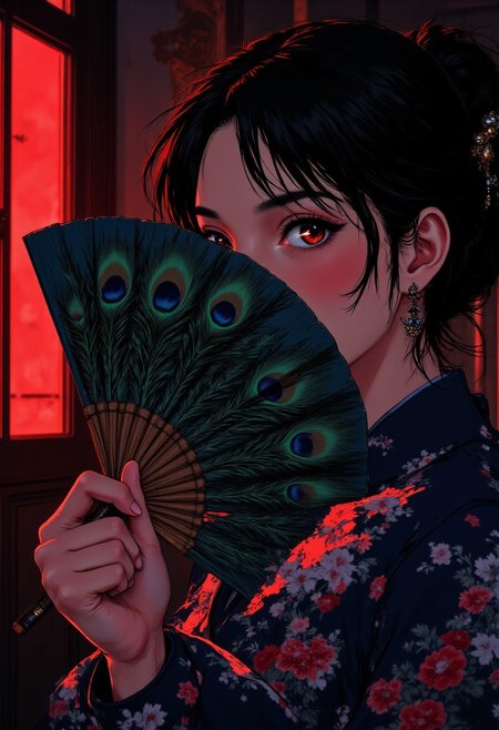 an East Asian woman shown in elegant profile, with her face partially concealed behind a meticulously crafted peacock feather fan. The fan is constructed with precise craftsmanship - multiple peacock feathers arranged in a perfect, uniform semicircular pattern, each feather aligned with identical spacing and height, creating a structured, symmetrical arrangement rather than a wild or natural look. Her face is positioned in side view, but her eyes deliberately glance sideways toward the viewer - creating an intimate, mysterious connection despite her profile pose. Only her almond-shaped eyes and the upper portion of her face are visible above the carefully arranged fan. The fan is held delicately between her slender fingers in the same refined manner one would hold playing cards - poised with precise balance between thumb and fingers, neither gripping tightly nor loosely grasping, but with controlled poise and formal elegance. Her nails are perfectly manicured, perhaps with a subtle lacquer. Her hair is styled in a traditional elegant updo with ornate hairpins. The lighting creates a dramatic interplay between shadow and light, emphasizing the contrast between her skin tone and the rich blues and greens of the orderly peacock feathers. This emphasizes the cultural significance of the fan as both an accessory and a tool for modest concealment while maintaining the allure of mystery. j_art, anime. a background with dim red light lit her half face dimly