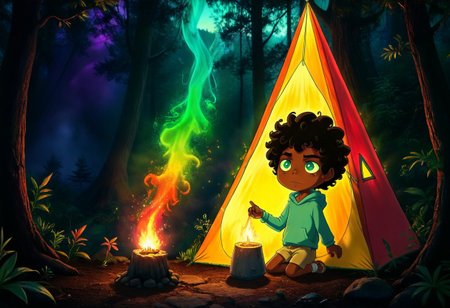max (camp camp), dark fantasy theme, rainbow colored silhouette outline against a dark background,max (camp camp), 1boy, solo, human, male focus, curly black hair, curly tousled black hair, afro, dark skin, dark-skinned male,  large eyes, round eyes, green eyes,small nose, triangular nose, pointed nose, beautiful forest horror, anime, magical fantasy, plasma pattern, dark lights
,epic, cinematic colors, masterpiece, detailmaximizer, midjourneyv6.1