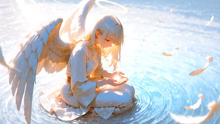 wide shot, 1girl, from side, from above, light smile, sad, looking down, huge angel wings, cowboy shot, light on hands, seiza, sitting on liquid, ripples, floating feather, sunbeam, (polarized, chromatic aberration:1.4), artistic filter, blurry, blurry foreground, gradient, white theme, fantasy, masterpiece, best quality, amazing quality, very aesthetic, absurdres, newest, HDR, 8K, high detailed,