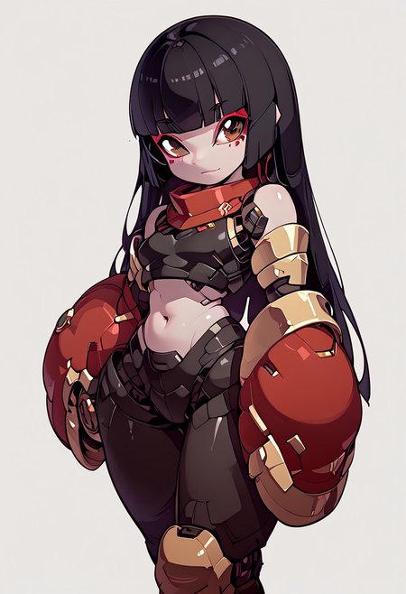 score_9,score_8_up,score_7_up,score_6_up, solo, white skin, blunt bangs, long hair, black hair, brown eyes, no jewelry, no earrings, no bracelets, makeup, black tube top, tight shiny pants, robot, mecha, simple background, no humans,  humanoid robot, standing, robot joints, no mouth,