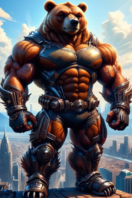 ultra-fine digital painting of a madpunk muscular  <lora:anthro_muscular:0.7> anthro Bear (Staring into the horizon, pondering life) at AI-run cityscape pulsating with energy,  super detail, ultra-realism, <lora:xl_more_art-full_v1:0.3>,  <lora:madpunk:1> , <lora:HorrorAI:0.7> CosmicHorrorAI