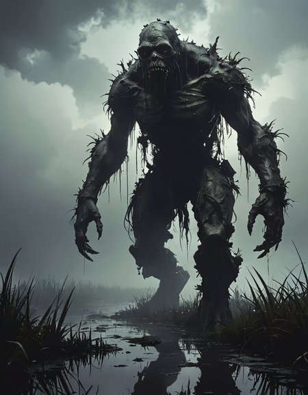 grunge style creature coming out of the dark, Ashley Wood, Kekai Kotaki, Oscar Chichoni, dark environment, fog, clouds, swamp, high contrast