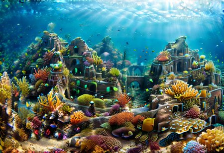 underwater scene, ancient ruins of a merfolk civilization, diagonal god rays, coral structures, stone buildings, colorful fish, lost civilization ruins, sea creatures in underwater gardens, soft glow, filtered surface light, atlantis, concentric islands, otherworldly metropolis, utopian society, lush vegetation engulfing ancient ruins, leafsheep, sea slug