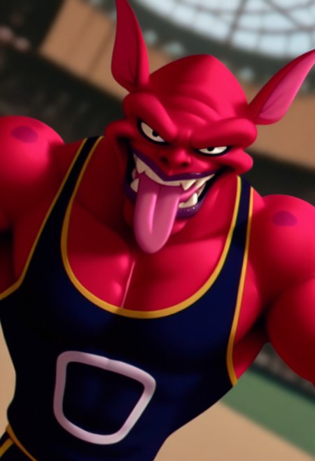 <lora:NawtSJ:1>, NawtSJ, 1boy, solo, colored skin, red skin, black eyes, perfecteyes, fangs out, toned male, muscular, athletic build, large pectorals, depth of field, soft shading, flat colors, digital media, hyper-detailed, HD, highres, amazing quality, absurd res, very aesthetic, cinematic, dutch angle, detailed background, tank top, dolphin shorts, close up, smirk, wide eyes, tongue out, spread arms