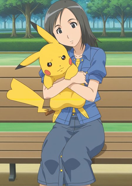 anime coloring,anime screencap,<lora:Fujisawa_Illustrious_from_The_invisible_Stud:1>,black hair,Fujisawa,1girl,black eyes,sitting on a bench,park,hugging,pikachu,