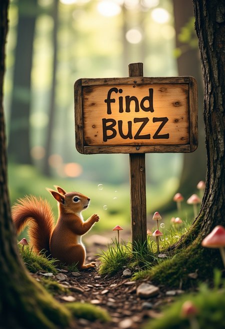 A sign in fantasy forest, sign reads ("find buzz"), with warm sun light, soft feeling to photo, cartoon mushrooms dancing around in photograph, little bubbles floating in air,  squirrel sitting next to sign, mystical, soft, funny feeling to picture, detailmaximizer,