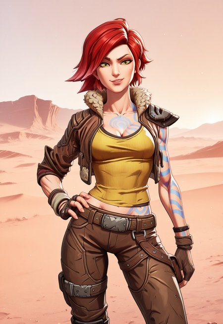 safe_pos, (score_9, score_8_up:1.1), score_7_up, 8k, masterpiece, high quality, extremely detailed, MarvelRivals, semi realistic, cartoon, 1girl, solo, bl3lilith, 1girl, red hair, short hair, green eyes, blue tattoo, brown jacket, fur trim, sleeveless, belt, bants, boots, fingerless gloves, sweatband, wristband, medium breasts, yellow tank top, cleavage, open clothes, cel shading, cold soft lighting, shiny skin, perfect reflection, perfect lighting, perfect shadows, perfect anatomy, perfect chest, perfect hips, perfect legs and feet, perfect hands, perfect face, perfect eyes, perfect waist, perfect body, perfect face shape, perfect mouth, perfect hair, perfect waist, best quality, detailed hair, expressive eyes, sexy, long legs, slim body, toned, athletic, (wasteland, desert,) smirk, hand on hip, dynamic pose, raised eyebrow, looking at viewer, cowboy shot,