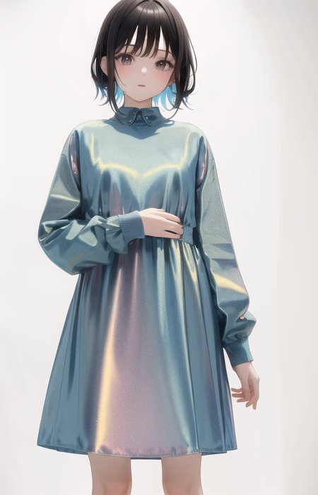 (((masterpiece))), (((best quality))), ((ultradetailed)),1girl,solo,short streaked hair,holographic clothing,dress,puffy long sleeves,(simple background:1.2),black background,looking at viewer<lora:holov7:0.7> <lora:LoconLoraOffsetNoise_locon0501:1.5>