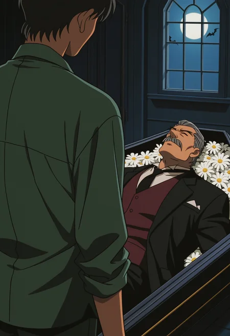 {s:2boys}, lazypos, retro artstyle, 2000s \(style\), anime screenshot, indoors, night,
{s}, (close-up:1.75), looking down, looking at another, young man, skinny, green shirt, door, from behind, standing, from side,
{s}, close-up, dc02moran, old man, grey hair, hair slicked back, thick mustache, forked eyebrows, black suit, maroon vest, white shirt, black necktie, (coffin:1.5), lying, vampire, on back, closed eyes, window, moonlight, <lora:Colonel_Moran_from_Detective_Conan_The_Phantom_of_Baker_Street_v1.0_1788262:1> pectorals, white flower, tusks, fangs,