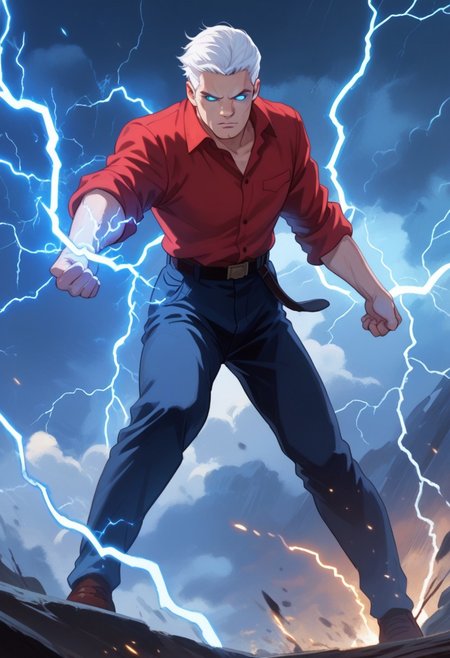 score_8, score_8_up, score_7_up, source_anime, anime screenshot,  1boy, male focus, solo, RaceBannon,  blue eyes, short hair, white hair, red shirt, sleeves rolled up, dark blue pants, belt, shoes, standing, full body, looking at viewer, Ligmagmb, electricity, lightning, glowing, glowing eyes,