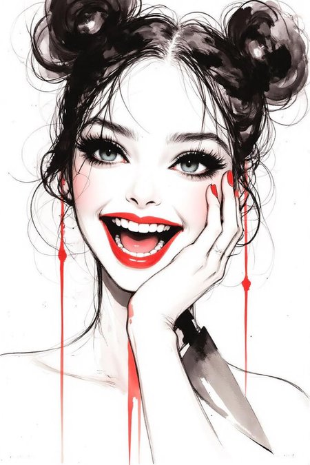 nijiwc1 watercolor ink wash brush style illustration. 
1girl, half body portrait of toga himiko, teeth, open mouth, blood on face, smile, double bun, crazy eyes, She is holding kitchen knife in her left hand,. Her right hand is on her cheek, 
The background is stark white <lora:inkwash_niji_nocap_d6a3:1.0><lora:806956181185806928:0>