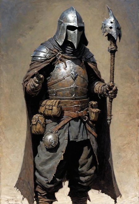 videogame art of (ragged, human barbarian, brigand, holding a iron mace,  wearing leather tunic, metal plates and cloth shaped helmet, sewn together), by Jean-Baptiste Monge and Nicola Samori, praetorian, warhammer, gothic, legion