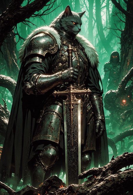 A dark fantasy scene featuring an anthropomorphic cat knight in detailed silver armor, holding a large, engraved sword. The background is a dense, mystical forest bathed in dim green light. The atmosphere is ominous, with shadows and fog adding mystery. Highly detailed textures on the fur, armor, and sword, with a cinematic, epic mood
