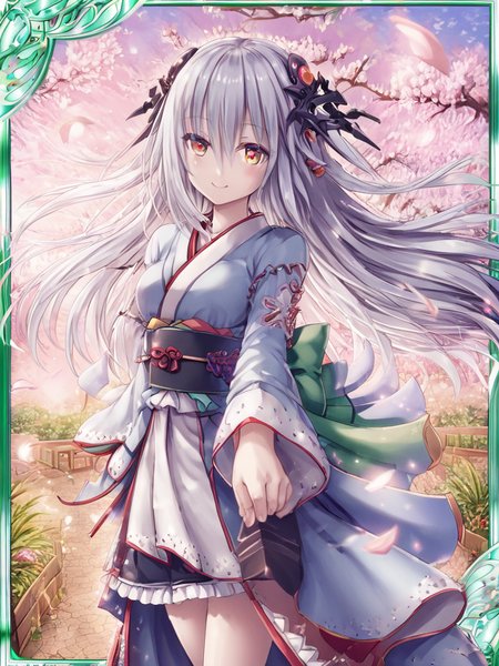 <lora:calamity:1>,1girl,dress,hair_ornament,long_hair,solo,tree,wind,smile,kimono,