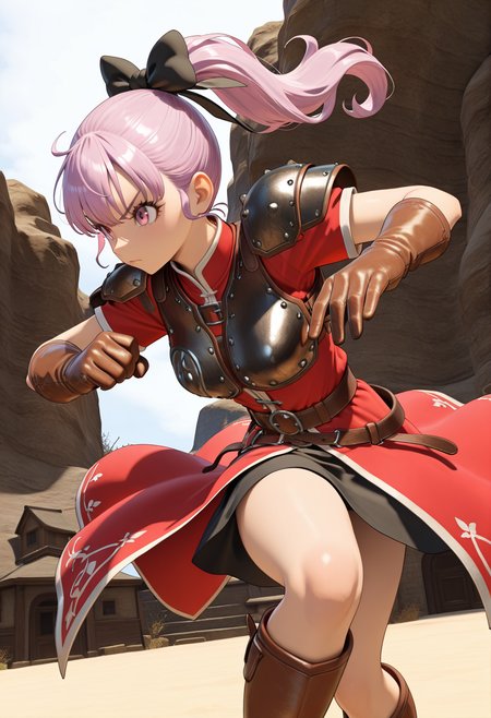 masterpiece, best quality, very aesthetic, absurdres, 1girl, solo,
 <lora:dqh2_teresa_v01:0.8>, dqh2_teresa, teresa_aurora_costume, pink hair, ponytail, pink eyes,
hair bow, shoulder armor, breastplate, red dress, short sleeves, brown gloves, leather gloves, belt, skirt, knee boots, dynamic pose, fighting stance, serious