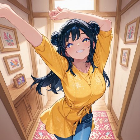 highres, ultra-detailed, newest , absurdes , illustration, colourful, masterpiece, 8k, (Riko , solo , black hair, double buns, yellow dress, blue denim pants) , standing , hand behind , mouth open , smiling , cheerful  , arms up , indoors ,