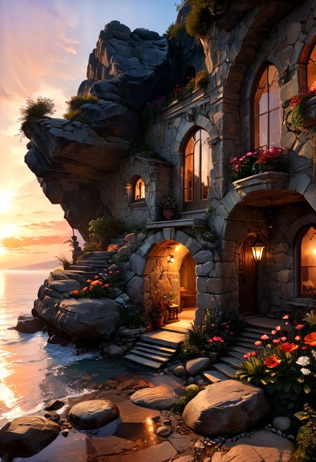style by Bec Winnel,best quality,high resolution,8k,low-angle,sunset,intricate luminous,vivid light-ray ethereal fantasy concept art of {the luxury man's cave cabin  detailed limestone,rocky beach-fontain park floral enchanted artistic glowing background,detailed oasis} . magnificent, celestial, ethereal, painterly, epic, majestic, magical, fantasy art, cover art, dreamy inspired by andre kohn