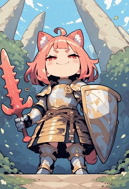 masterpiece, best quality, good quality, very awa, very aesthetic, absurdres, newest, (Perfect details),(****), 1girl, catgirl, cute, chibi, fish sword, armor, shield, smug