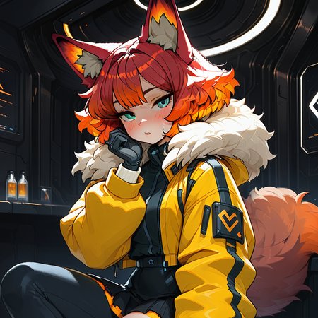 cyberpunk, parted lips, black pants, skirt, animal ear fluff, indoors, looking at viewer, fur trim, blush, animal ears, gloves