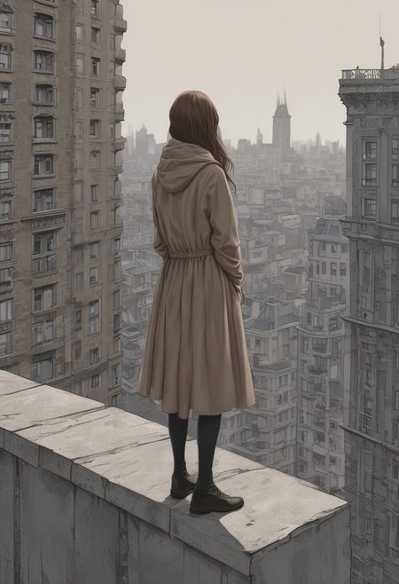 the girl is on the top of a building looking around in the distance, 1girl, solo, long hair, skirt, light brown hair, casual dress, arms behind back, gloomy, spooky, (masterpiece:1.4, best quality:1.4, illustration:1.4, ultra-detailed, best aesthetic)