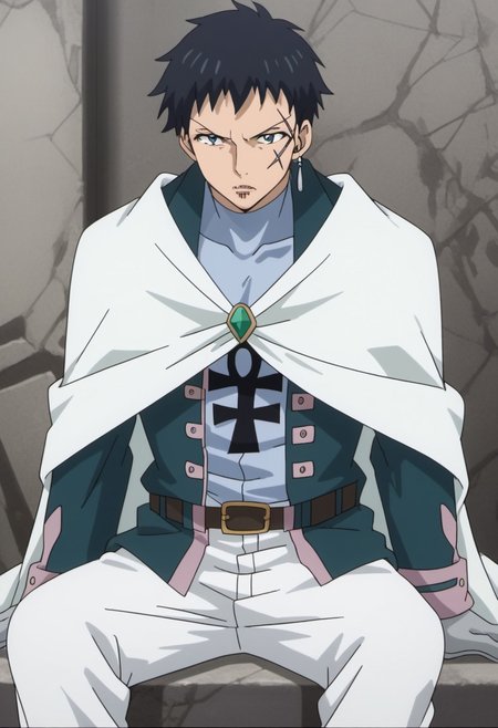 score_9, score_8_up, score_7_up, source_anime, rating_safe, MestFT, Mest scar, grey Mest earrings, 1boy, male focus, anime screencap, black Mesty hair, white Mest cloak, grey Mest gloves, blue Mest bodysuit, green Mest jacket, green Mest brooch, black-yellow Mest belt, white Mest pants, cropped feet, sitting,