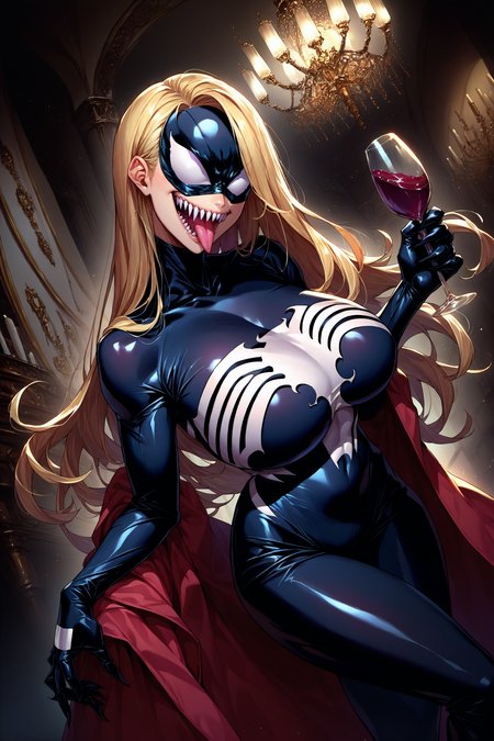 score_9, score_8_up, score_7_up, score_6_up, source_anime, 1girl, solo, <lora:shevenom-pdxl-nvwls-v1-000006:1> shevnm, mask, sharp teeth, tongue, black bodysuit, huge breasts, holding wineglass, mansion, chandelier, looking at you, blonde hair