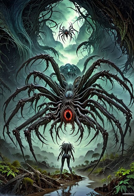 Boris Vallejo Art Style, lovecraftian monster, cthulhu, eldritch horror, watercolor painting, greg rutkowski, ab0m, a eyeless spider surrounded by darkness and clouds, walking through the woods, giant mouth with big sharp teeth, sharp claws, multiple maw, woman head, monster, giant spider, spider web, multiple eyes,