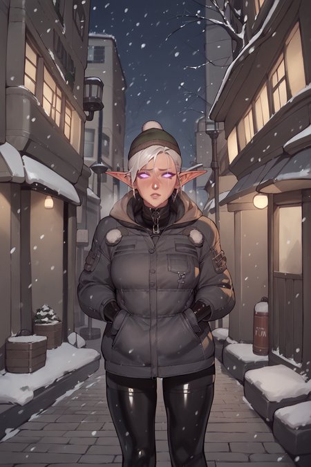 <lora:AsuraLycoXL:1> shot tom boy hair, long pointy ears,  elf, big boobs,  <lora:latex_under_clothes:1> latex under clothes, wearing a hoody, cold, outside in the city, snowing, winter, night,, , source_anime, score_9_up, score_7_up, score_8_up