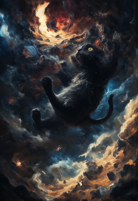A black cat tumbling through empty space, text saying "Houston, I fucked up nya" ,aidmaMJ6.1, DB4RZ, DB4RZ style painting