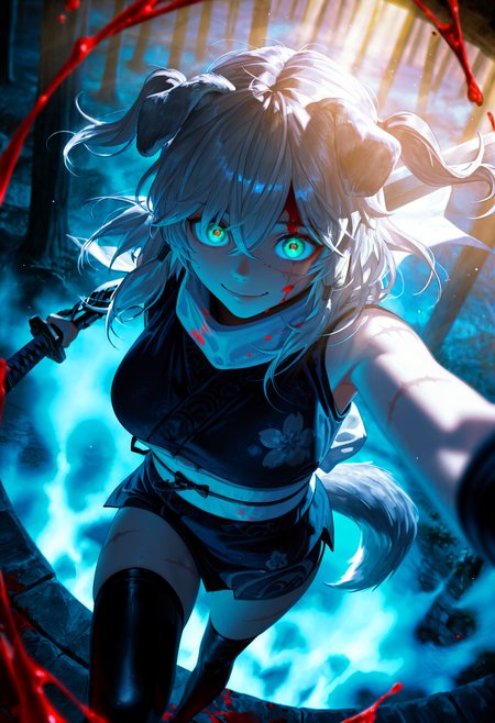 HDR, 8K, high contrast, masterpiece, best quality, amazing quality, very aesthetic, superabsurd res, high resolution, ultra-detailed, absurdres, newest, scenery, (horikoshi kouhei:0.3), (quasarcake:0.3), (wlop:0.3), light rays, dynamic angle, from above, dutch angle, fisheye, close up, gw_karyn, 1girl, animal ears, dog ears, multicolored eyes, blue eyes, green eyes, grey hair, messy hair, bangs, hair between eyes, two side up, dog tail, scar, large breasts, japanese clothes, kimono, sleeveless, obi, white sash, black thighhighs, smile, crazy eyes, blood on face, holding weapon, buster sword, (colorful), (((blood splatter))), fog, night, dark, dimly lit, dust, glowing, backlighting, partially illuminated, Intricately designed, Mysterious Shadows, BREAK, photorealistic, beautiful detailed eyes, detailed skin, detailed hair, volumetric lighting, dappled light, light particles, dramatic shadows, cinematic lighting, photo background, depth of field, <lora:ponyxl\cfg_scale_boost:0.8> <lora:IL\KMS_GW_Karyn_IL-000009:1>
