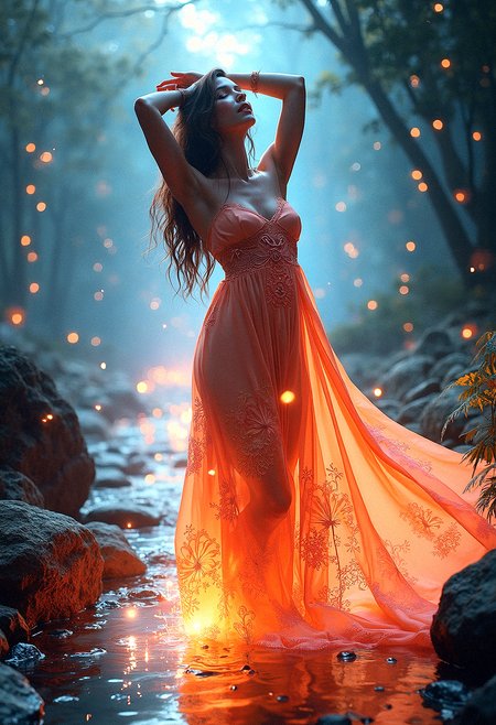 A whimsical fantasy scene featuring a slightly tanned beautiful brazillian woman in a flowing, radiant satin dress with intricate patterns. The vibrant colors and glowing fabric are enhanced by soft, magical lighting, creating an ultra-quality, dynamic composition.

Whispering Winds,
The suggestion of whispering winds, creating gentle ripples in the girl’s dress and hair.
A path of luminous stones leading through the scene, guiding the viewer’s eye.Soft, translucent curtains of light gently swaying in the breeze, framing the girl in a magical glow.Soft, flowing ribbons of light or fabric moving gently in the air, adding a dynamic, whimsical touch.A crystal-clear stream reflecting the vibrant colors and glowing lights of the scene.Soft, radiant auras around objects in the scene, enhancing the magical, otherworldly feel.

The woman stands with both arms raised above her head, slightly leaning back as if reaching for the sky, her dress flowing downward.


