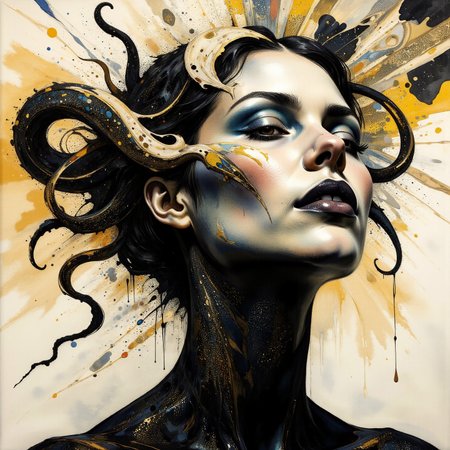 Surrealism themed artwork depicting black-toned American a medusa face, contorted, futuristic, intricate white and yellow filigree, damaged, billowing dark dust, very detailed. The overall feel of the image is of clarity and balanced space, with distorted people and items interacting in unusual ways. Additionally the image incorporates elements of mixed media including flowing lines drawn with fine pens and appliqued goldleaf. The general effect is of elaborate surreal and absurdist elements interacting with each other to produce timeless fine art elegance. <lora:Paper_Marbling_Flux:0.5> <lora:Eldritch_Watercolor_for_Flux:0.5> <lora:midjourney_whisper_chromaplex_v1:0.4> <lora:Eldritch_Paint_Sketch_for_Flux_1.0.5:0.4> <lora:FLUX.1-DEV_-_Decadence_style_LoRA:0.5>