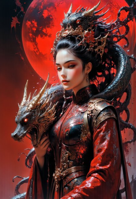 A striking and intense portrait of a regal woman entwined by an elaborate dragon. She stands with an air of authority, dressed in traditional East Asian attire with rich, intricate patterns in shades of deep red and black, adorned with golden floral accents. Her black hair is elegantly styled in an elaborate updo, decorated with delicate red and gold hairpins that add a touch of royalty and mystique. The dragon coils protectively around her, its scales a complex texture of black and ivory with gold highlights, and fierce, red eyes that gleam with intelligence and ferocity. Its head hovers close to hers, displaying sharp, menacing teeth and a determined gaze. The background is a bold red with a black floral pattern, amplifying the dramatic, mythical atmosphere of the scene. The lighting casts a warm glow, accentuating the textures and fine details of both the womanas attire and the dragonas scales, creating an atmosphere of ancient power and mysticism. <lora:aidmaMJ6.1-FLUX-V0.1.safetensors:0.5>, <lora:FluxMythP0rtr4itStyle.safetensors:0.75>, <lora:artisketchyfs-v02.safetensors:0.5>,    <lora:ARTifacts.safetensors:0.5>,