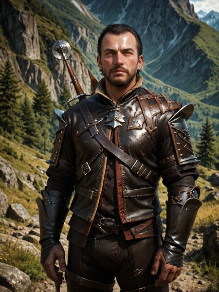score_9, score_8_up, score_7_up, source_anime, highly detailed, lambert, 1boy, male focus, solo, facial hair, beard, black hair, black leather breeches, short hair, scar on face, yellow eyes, leather armor, standing, dark mountain path,  <lora:Lambert_-_The_Witcher_Pony-000003:0.95>  <lora:PonyXL Bad Anatomy v1:-0.15>