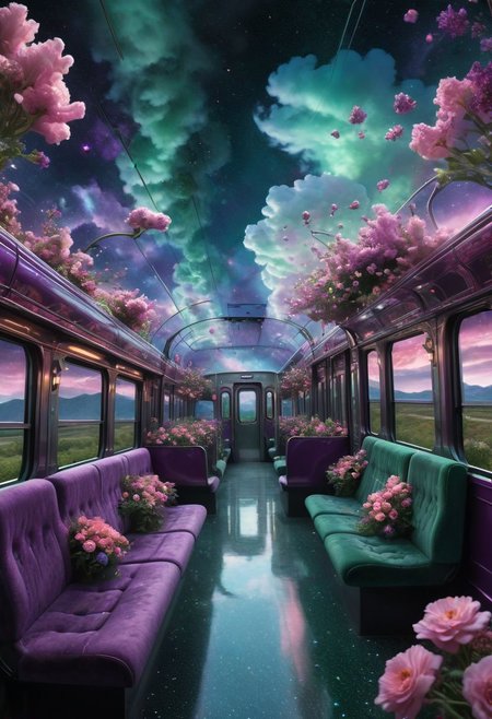 Hyperrealistic train detailed with blooming flowers, ethereal cloud animals with shimmering outlines, passengers gazing in awe, vast sky with swirling galaxies, cosmic colors (purples, greens, pinks), dramatic lighting, mystical atmosphere
