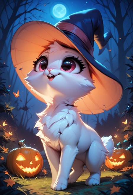 score_9, score_8_up, score_7_up, (masterpiece), best quality, expressive eyes, perfect face, feral bunny, adult, wearing a witch hat, cute bunny, spooky, Halloween, night, forest