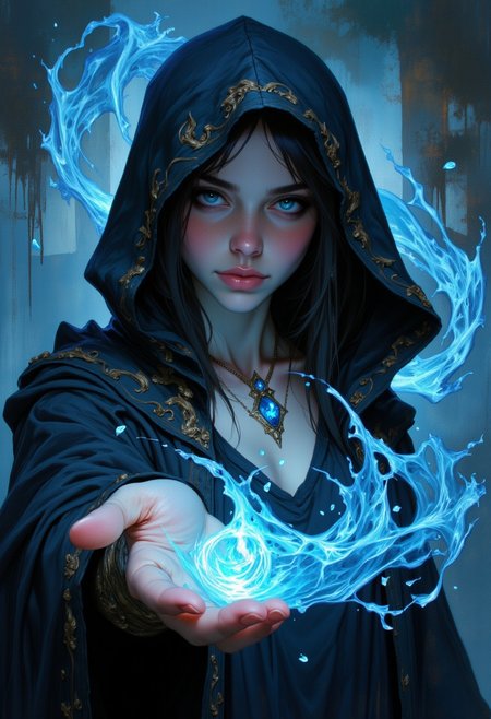 Unfazedfantasii, vantablack, OBxiaoxiang
photorealistic masterwork digital painting, hyper-realistic, 
A powerful young sorceress with piercing blue eyes and dark, flowing hair, casting a swirling wave of magical water around her. She wears an intricately detailed black hooded cloak adorned with a glowing blue gemstone pendant. Her expression is intense and focused as she manipulates the water with an outstretched hand, creating arcs and spirals of glowing liquid energy. The background is dark and mystical, with subtle mist and floating particles enhancing the magical atmosphere. The scene has dramatic lighting, emphasizing the cool blue glow of the water magic. The art style is highly detailed, semi-realistic fantasy with cinematic depth, dynamic lighting, and a painterly touch.
 The art style is highly detailed, cinematic, and fantasy-inspired, with a focus on dramatic lighting, soft glows, and a slightly dark, mystical mood.