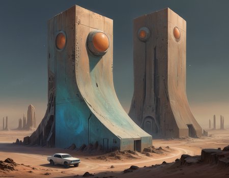The remnants of the towering edifices resembled giant blocks scattered across the arid landscape, their sharp angles and geometric forms hinting at the alien architects who once inhabited this boxy world, b3ks1n