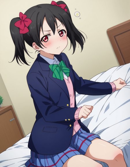 score_9, score_8_up, score_7_up, source_anime,
nikoyazawa, <lora:nico-yazawa-s1-ponyxl-lora-nochekaiser:1>,
niko yazawa, black hair, red eyes, bow, twintails, hair bow,
skirt, school uniform, jacket, blazer, winter uniform, otonokizaka school uniform,
indoors, bed, bed room, on side, blush, drunk,
looking at viewer, cowboy shot, dutch angle,