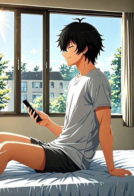 high resolution, solo, best quality, 1Boy, Seiya Kanie, black hair, short hair, holding smartphone, t-shirt, on the bed, sunny day, window, smile, side view, sit, nap, indoor, bed room, OverallDetail