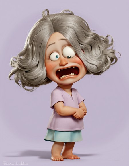 Art by Jean-Baptiste Vendamme. A cute, cartoon-style digital illustration from a frontal camera angle, featuring a small, chubby, anthropomorphic character with large, expressive blue eyes and gray hair that is messy and unkempt, standing in the middle of the image. the character appears to be a young girl, with a light purple shirt and a short, light blue skirt that falls just above her knees. she has a wide, mischievous smile with sharp teeth and a small nose, and is standing with her hands clasped together in front of her chest. her eyes are large and expressive, with big, blue eyes that seem to be looking directly at the viewer. her hair is styled in a messy, messy manner, and her facial expression is one of surprise or annoyance. the background is a simple, light purple gradient, and the character is centered in the image, with no other characters or objects in the frame.