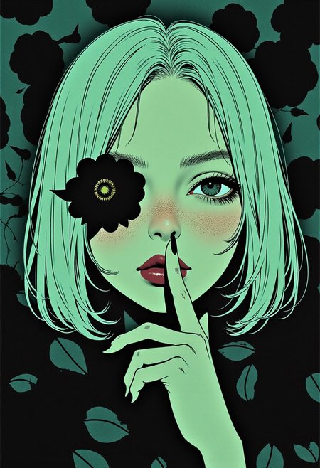 High-resolution retro anime-style illustration, flat cel shading, bold outlines, grainy texture, vibrant yet slightly muted color palette, hand-drawn imperfections, soft airbrush highlights, halftone shading, slight color bleeding, nostalgic VHS glow, film grain overlay An Acrylic style painting that is expressive, gives it a dynamic and emotional quality. Anime art of a stylized portrait of a woman with a ethereal black and green mist surrounding her body. The mist creates a dramatic and surreal effect. A black flower, that is blooming, covering one eye, attached to the face. The woman has a cold aesthetic, complimented by her white hair. Anime art of woman draped in shadows with a lighting that enhances her unique features.
The background is dark green, filled with black rose petals.
Holding finger to lips, shush, shushing motion,