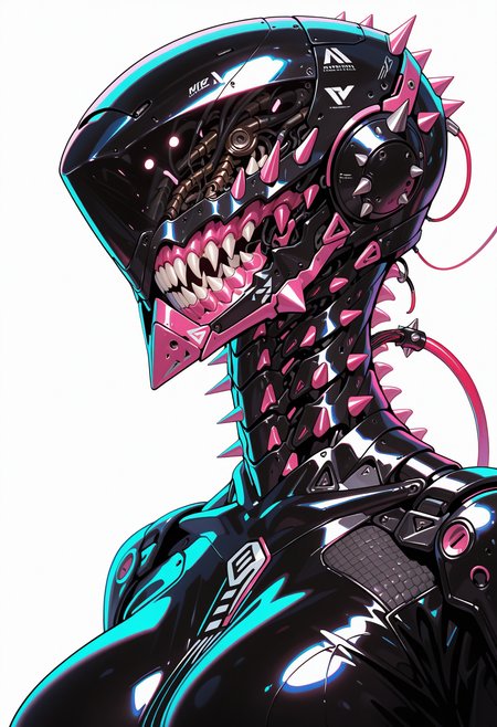 masterpiece, best quality, amazing quality, intricate detail, highly detailed,
 <lora:ArmorPunkILLUSTRIOUS:1> arm0rpunkv4
mechanical_armor, mechanical_mask, mechanical_helmet, 1girl, solo, breasts, simple background, white background, collar, spikes, cable, spiked collar, spine
